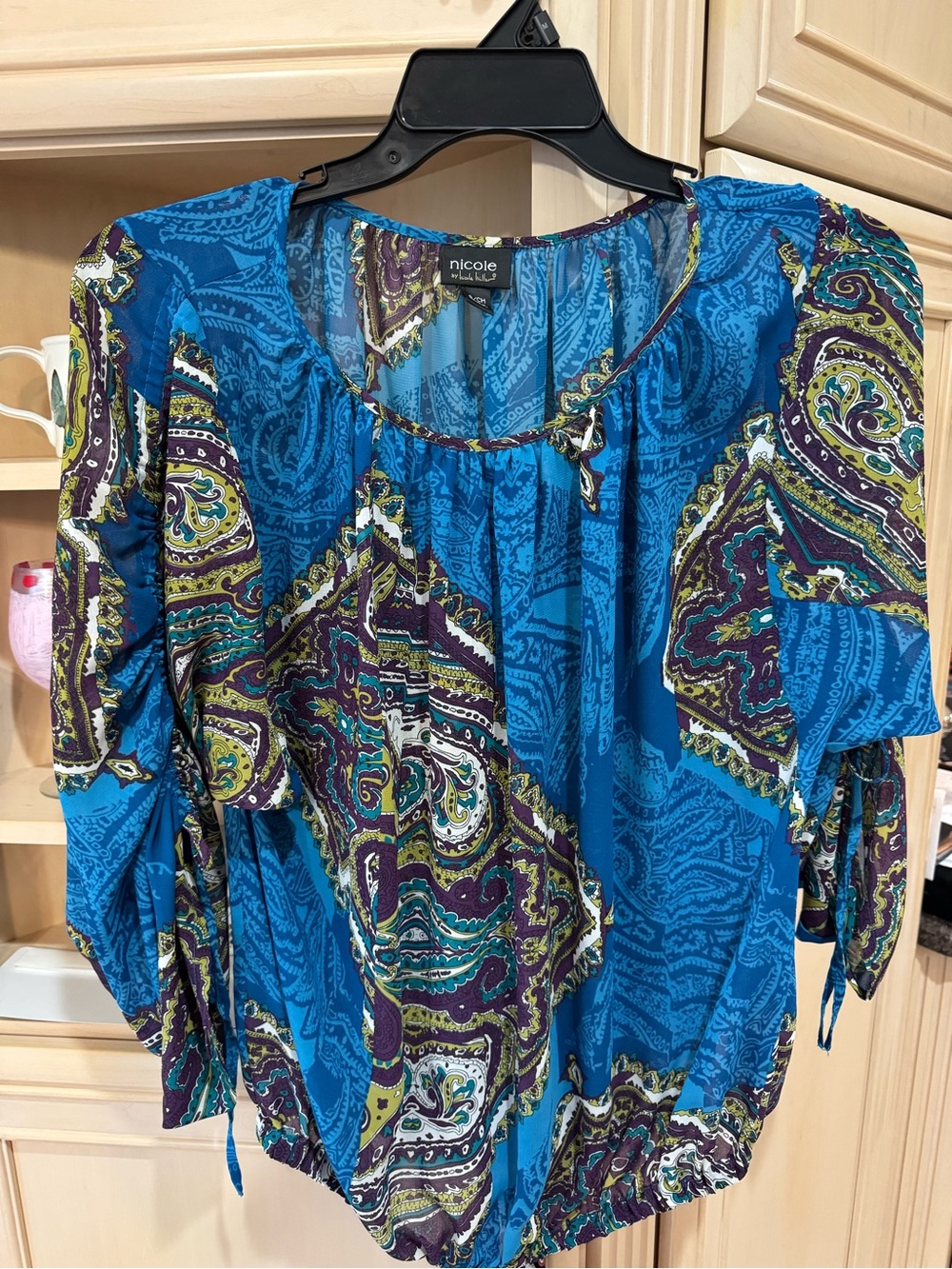 Nicole Blue Paisley Peasant Blouse with Multicolor Accents
